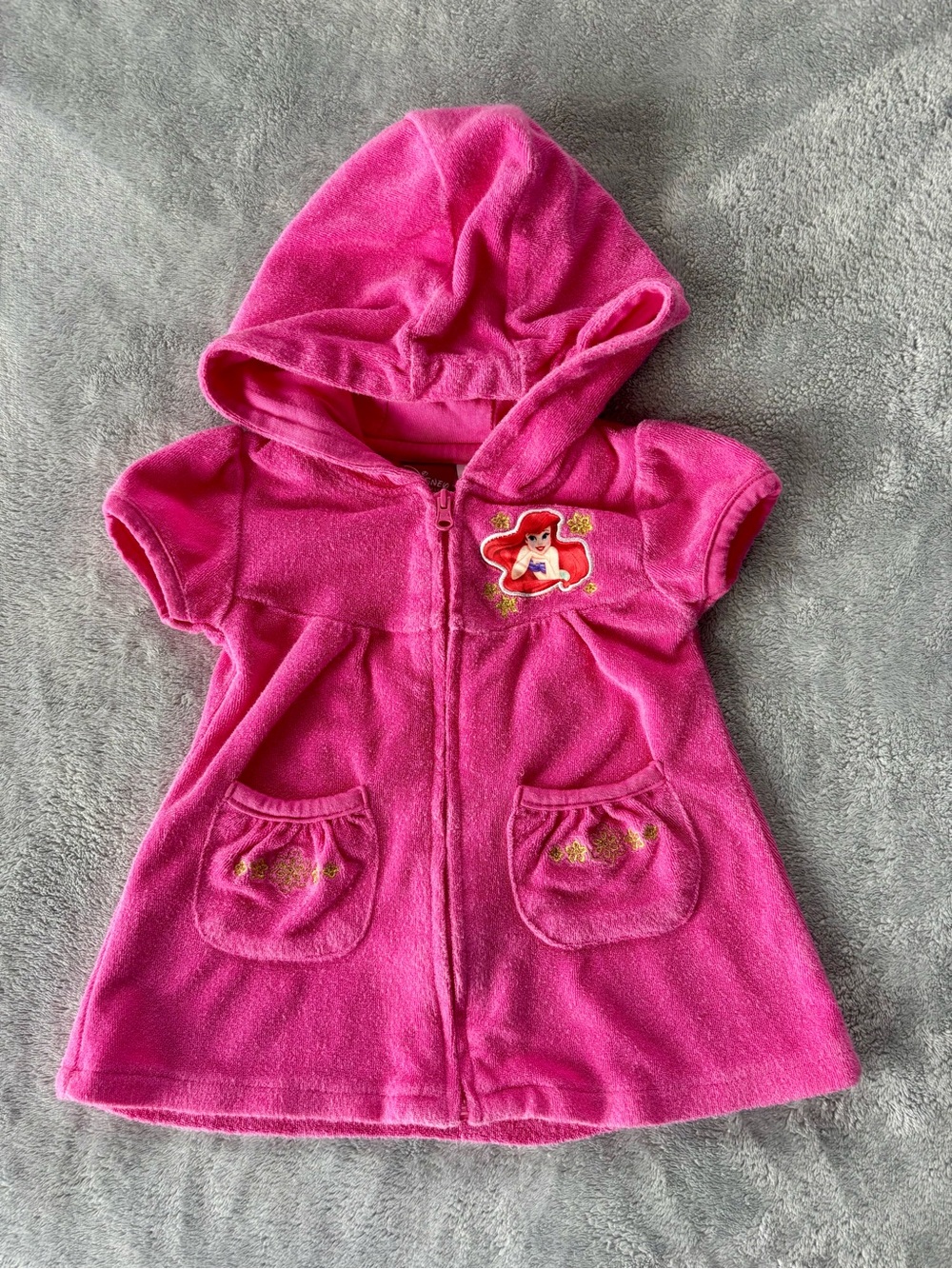 Y2K infant Disney Pink Hooded terry cloth cover up Dress with Ariel Patch